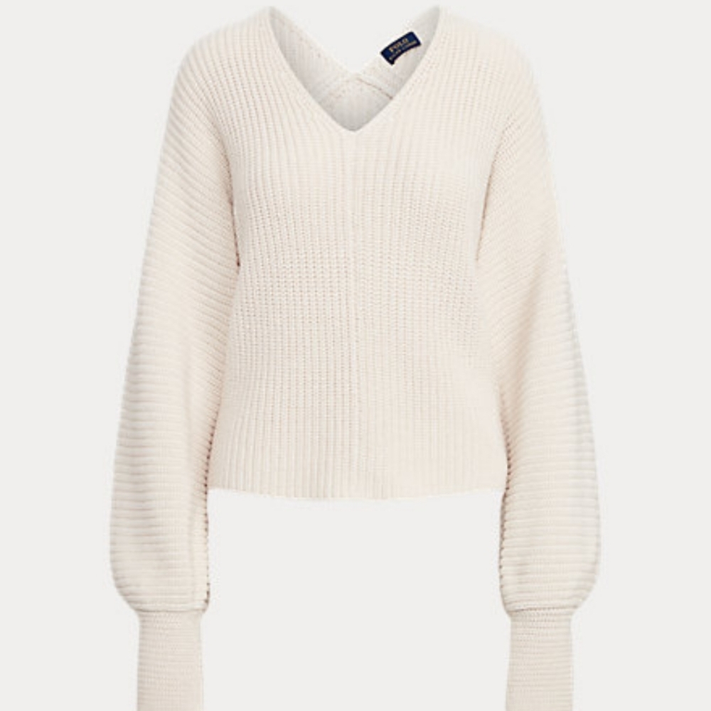 POLO Ralph Lauren Rib-Knit Linen Blend V Neck Sweater, Cream, M, VGUC